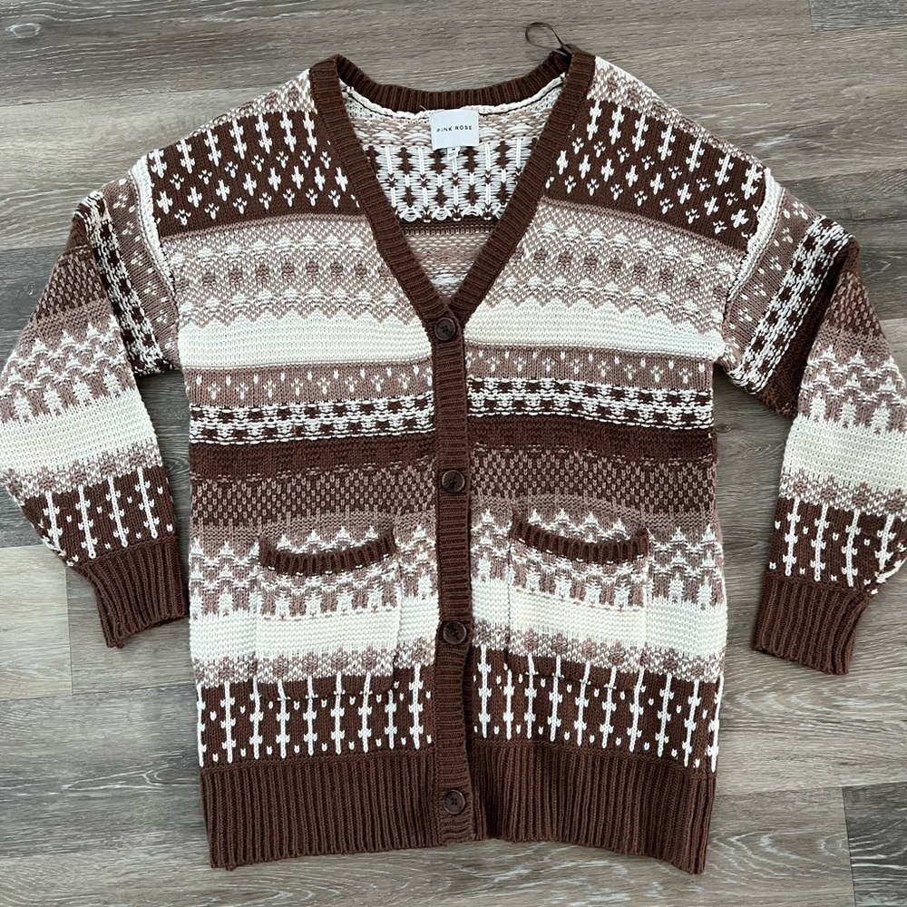 Pink Rose Brown and Cream Patterned Cardigan